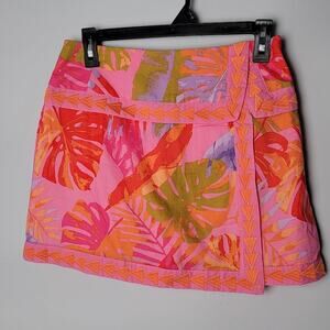 J. Marie XS Tropical Skort Pink Orange Leaf Print | Boho Resort Cotton Wrap Mini